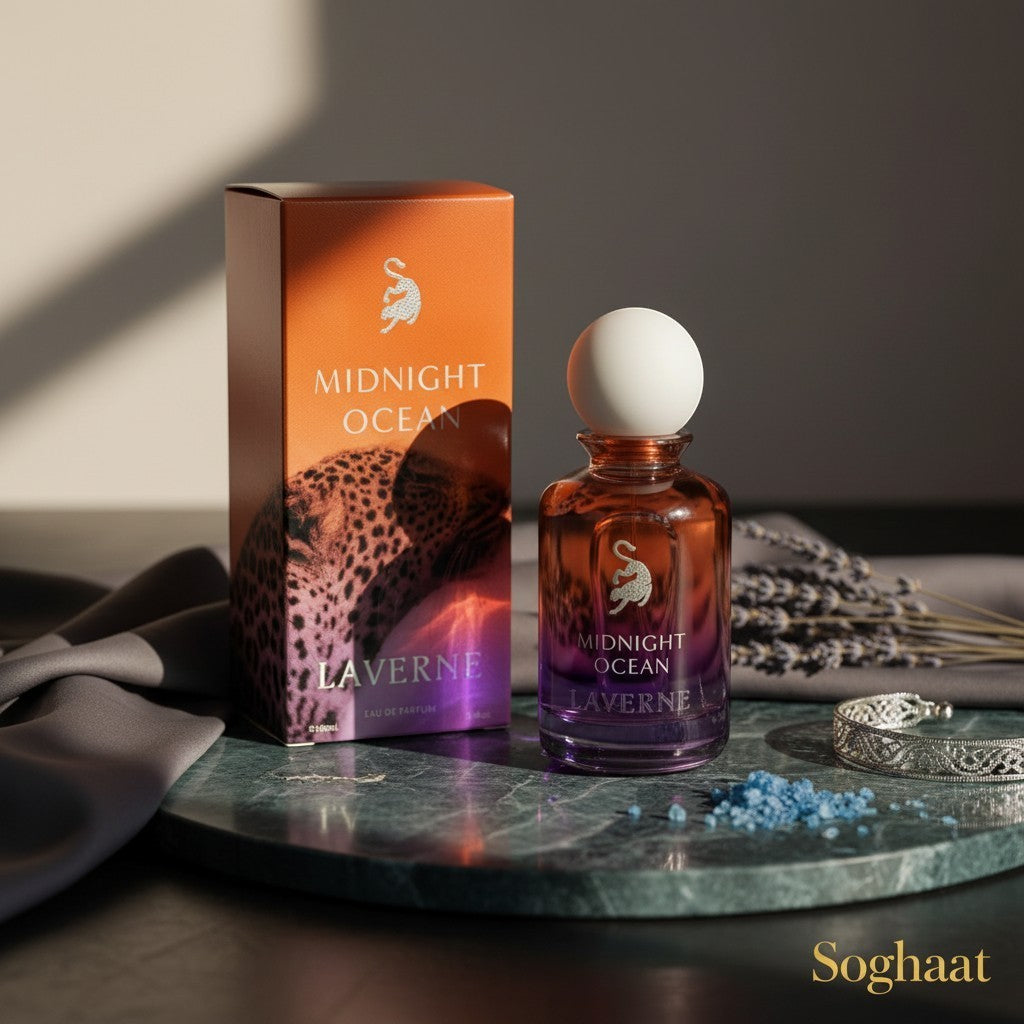 Laverne Midnight Ocean 100ml Eau de Parfum for men, a fresh woody aromatic fragrance with citrus and amber notes.