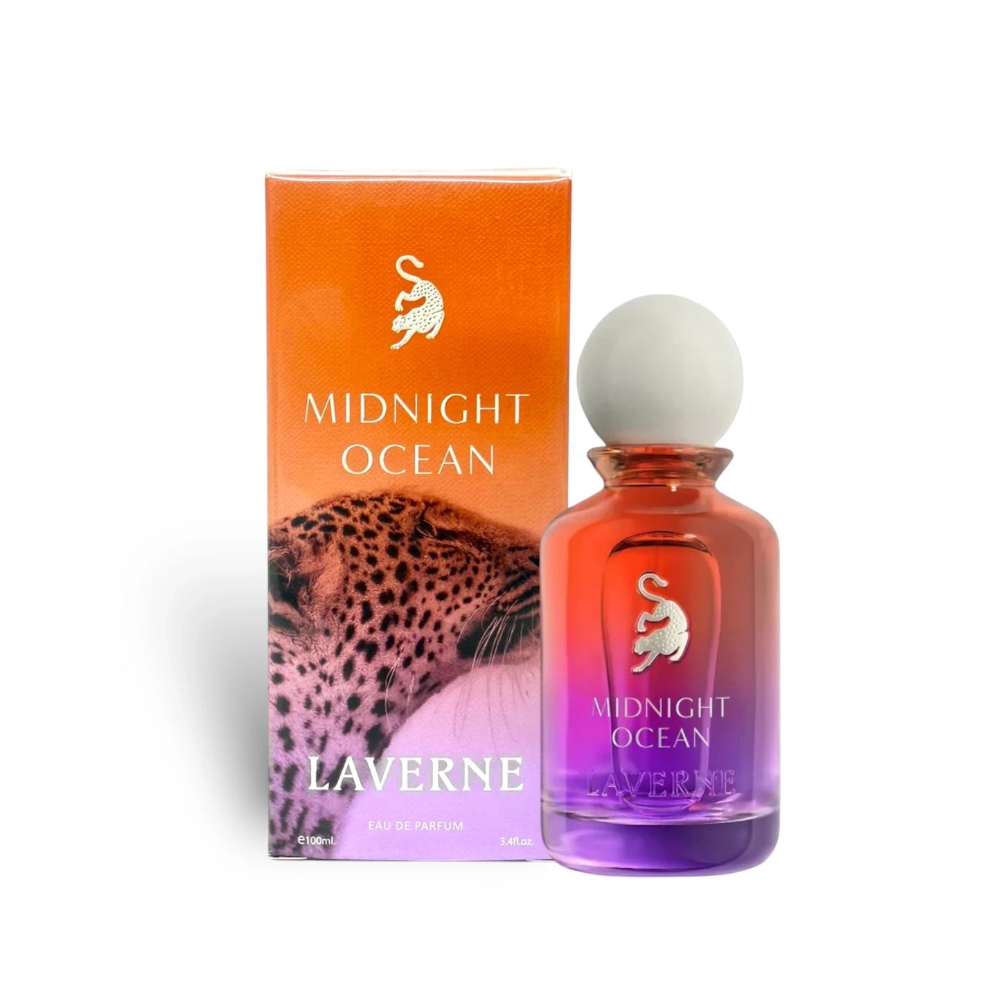 Laverne Midnight Ocean 100ml Eau de Parfum for men, featuring a gradient bottle from orange to purple and a leopard print box.