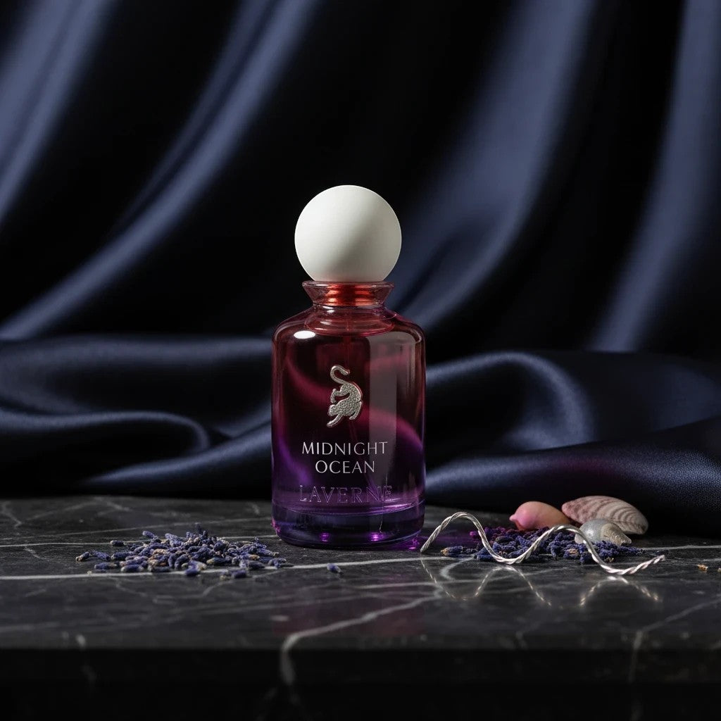Laverne Midnight Ocean 100ml Eau de Parfum for men, a fresh woody aromatic fragrance with a gradient purple glass bottle.
