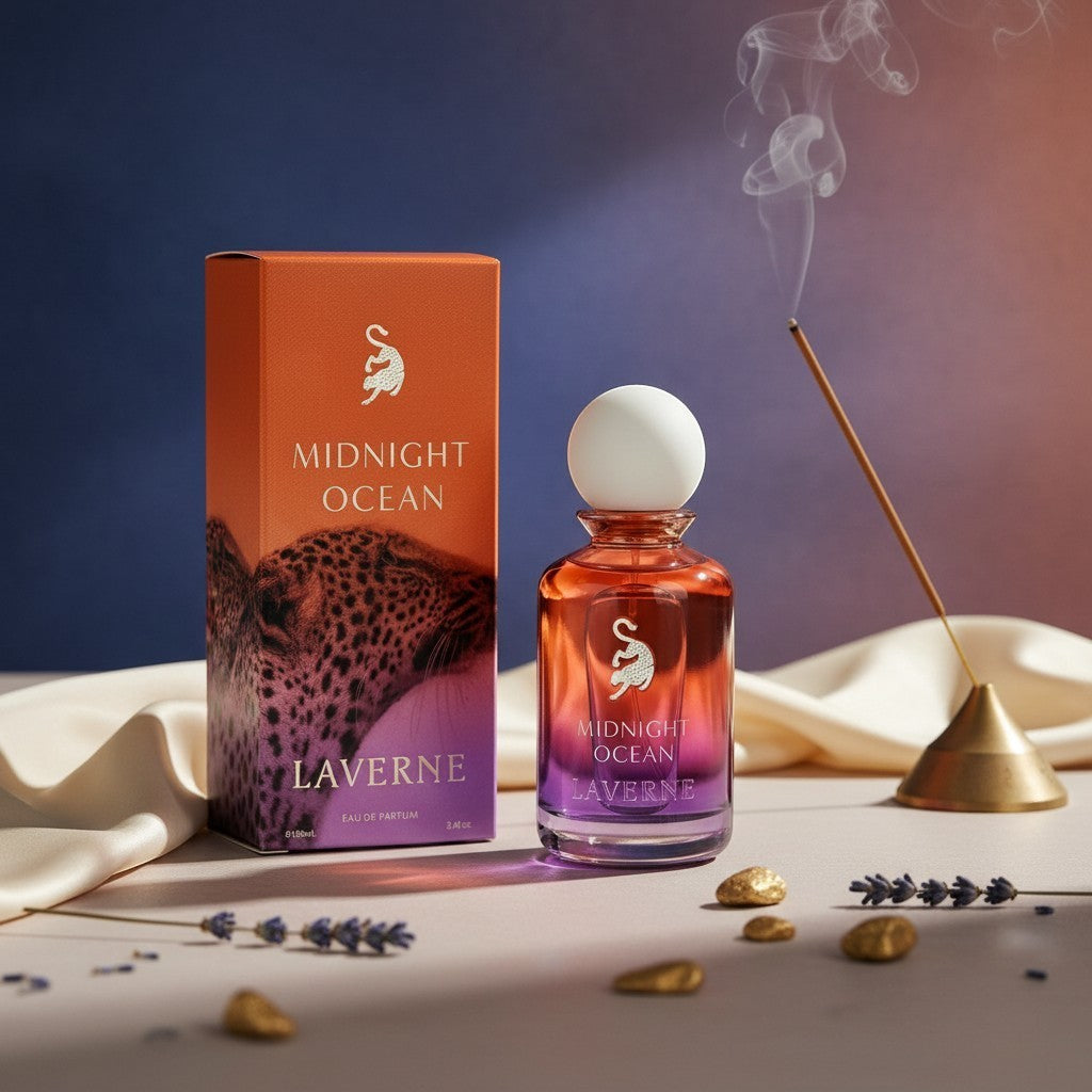 Laverne Midnight Ocean 100ml Eau de Parfum for men, a fresh woody aromatic fragrance with a leopard design on the box.