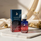 Laverne Summer Night 100ml Eau de Parfum for men, fresh floral musk fragrance with gradient blue and pink bottle.