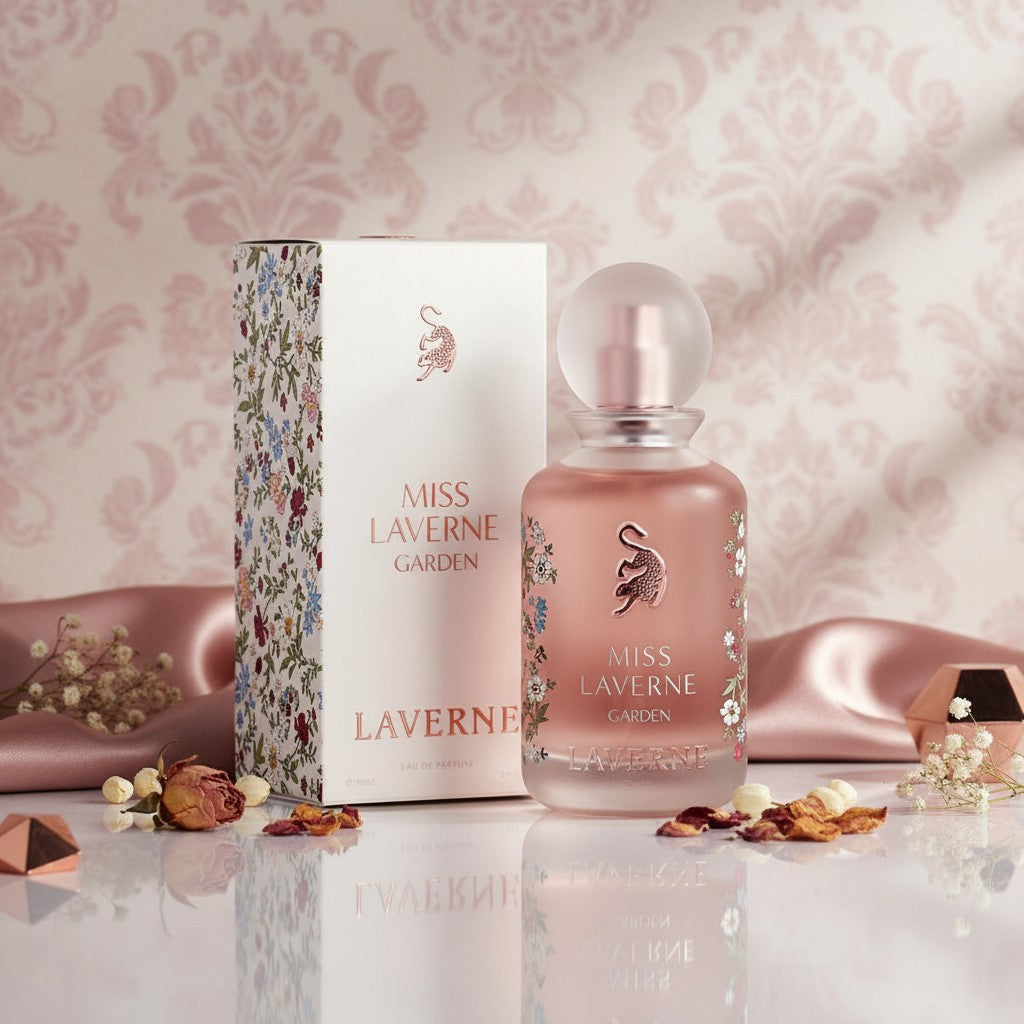 Side profile of Miss Laverne Garden perfume bottle and box by Laverne