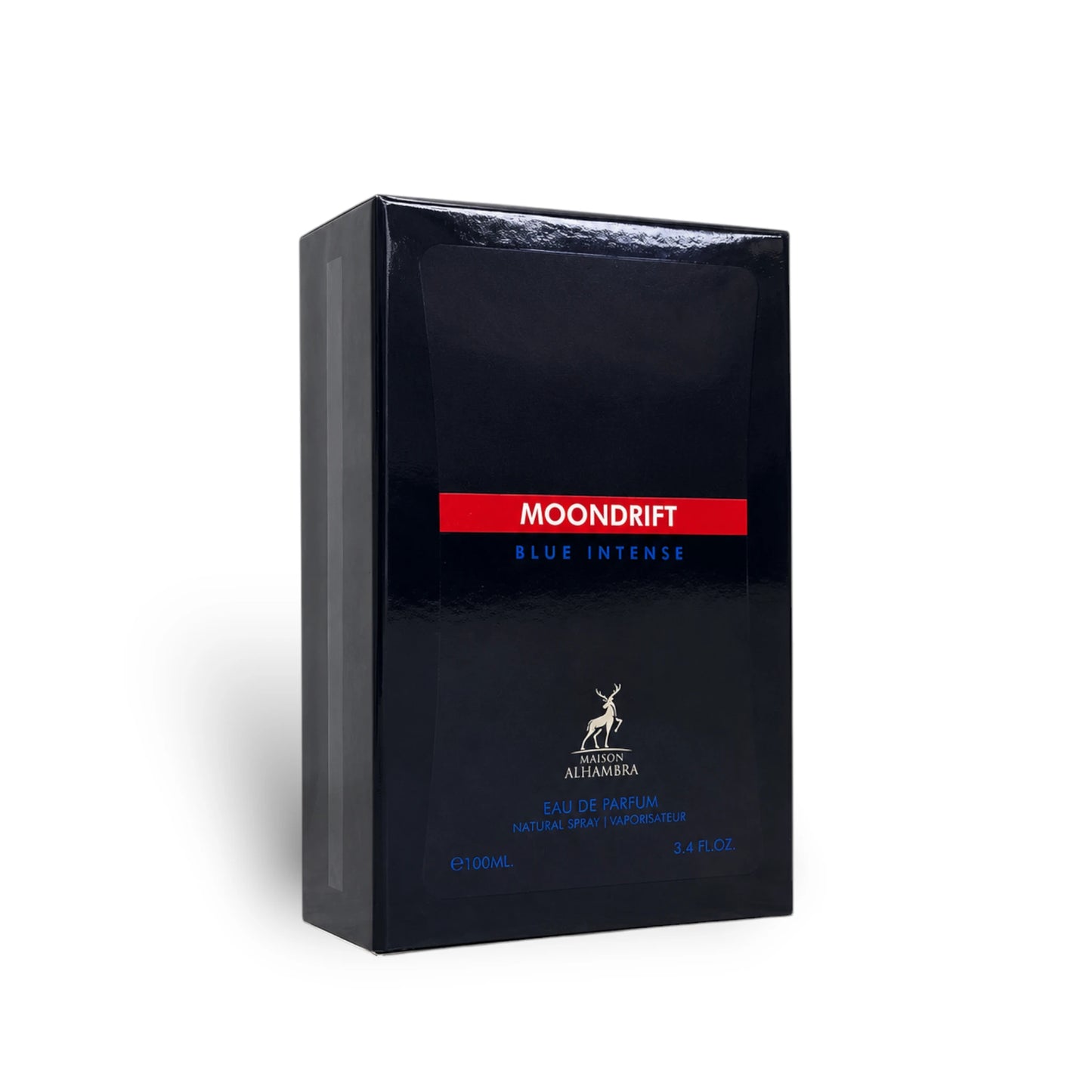 Close-up of the Maison Alhambra Moondrift Blue Intense packaging
