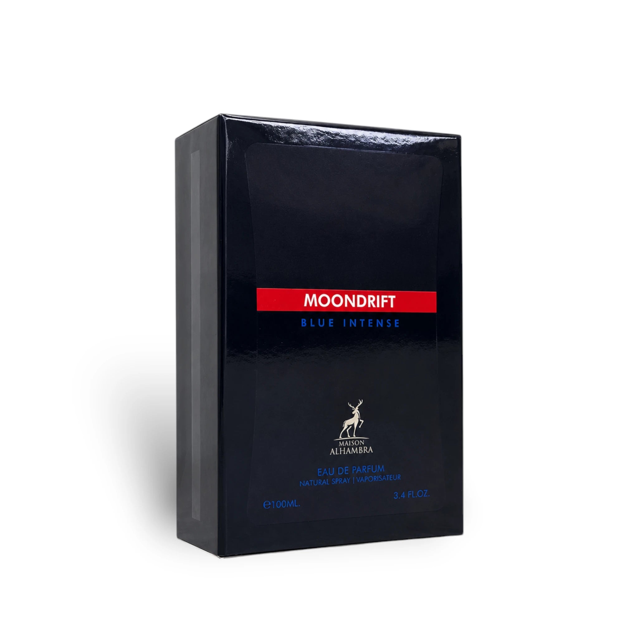 Close-up of the Maison Alhambra Moondrift Blue Intense packaging