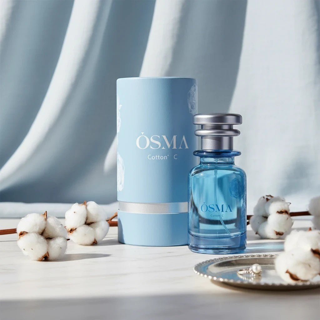 Osma Cotton' C Eau de Parfum by Osma, a soft sweet musk fragrance in a blue glass bottle with a light blue cylindrical box, surrounded by cotton bolls.