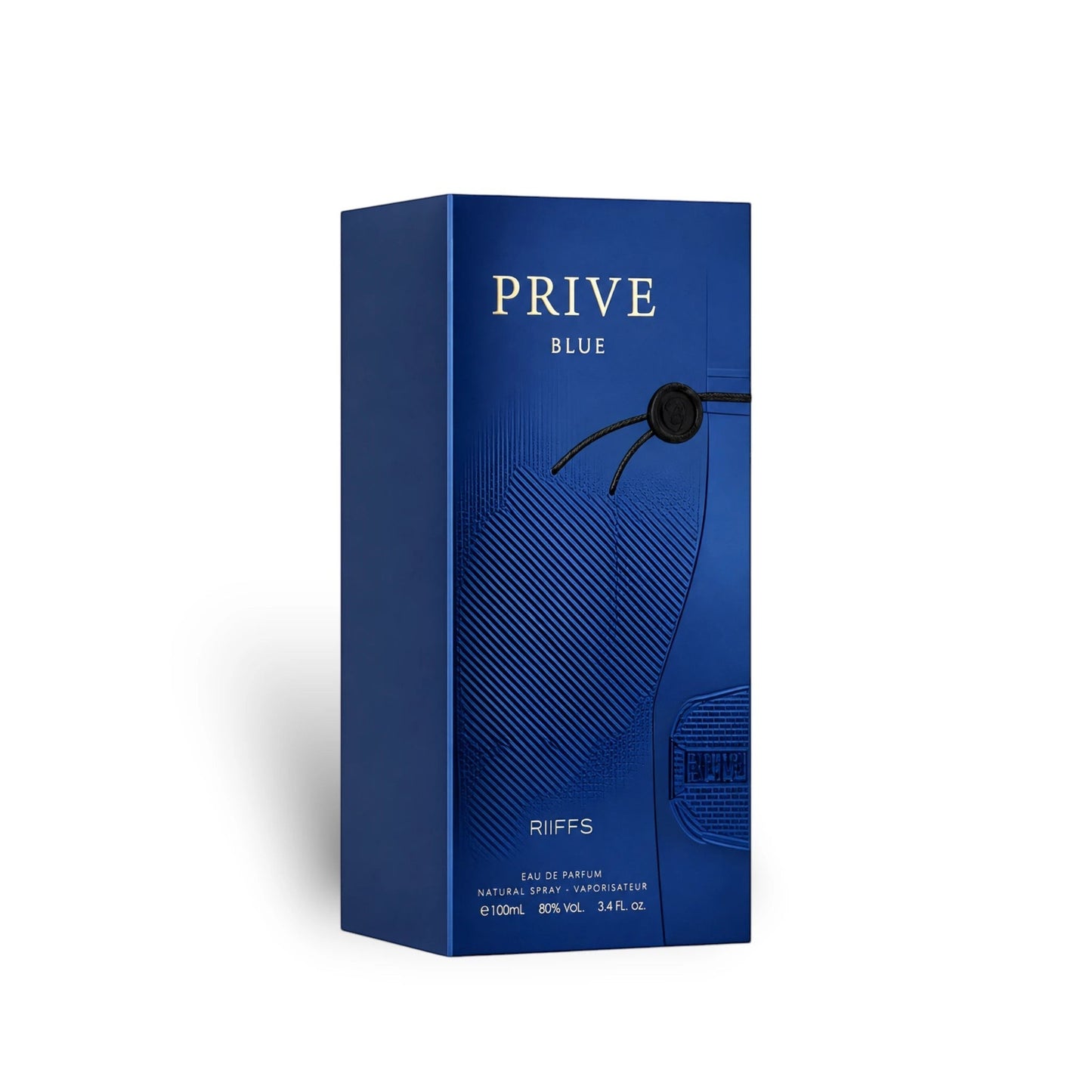Close-up of Prive Blue 100ml Eau de Parfum packaging