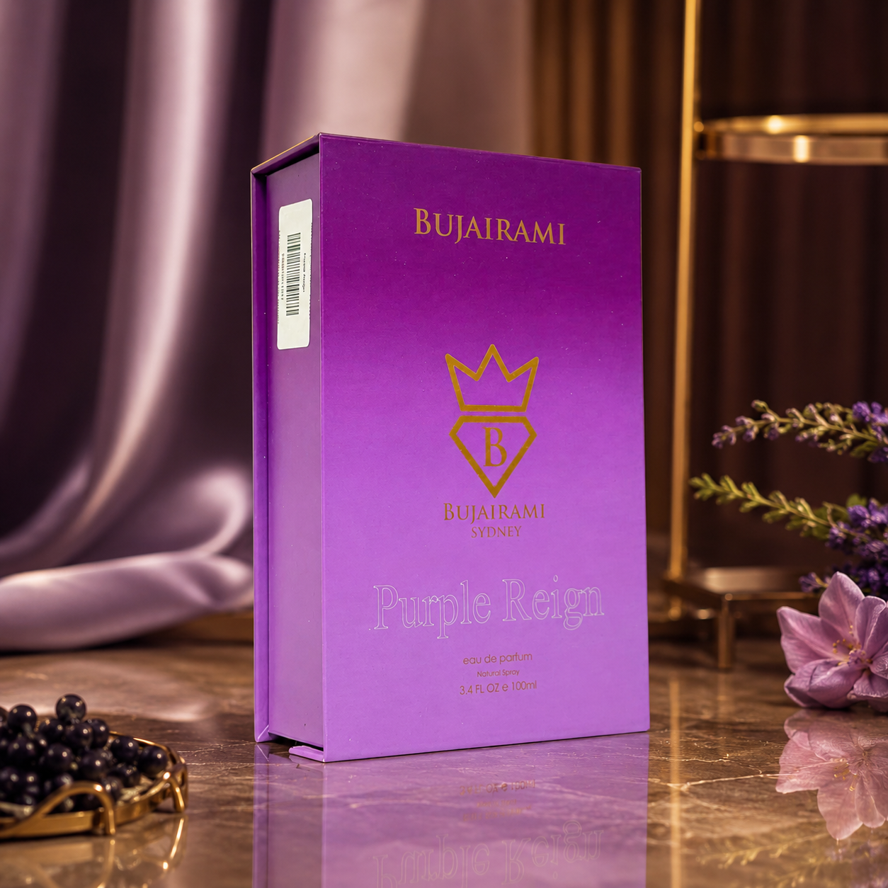 Angled view of Purple Reign Eau de Parfum by Bujairami
