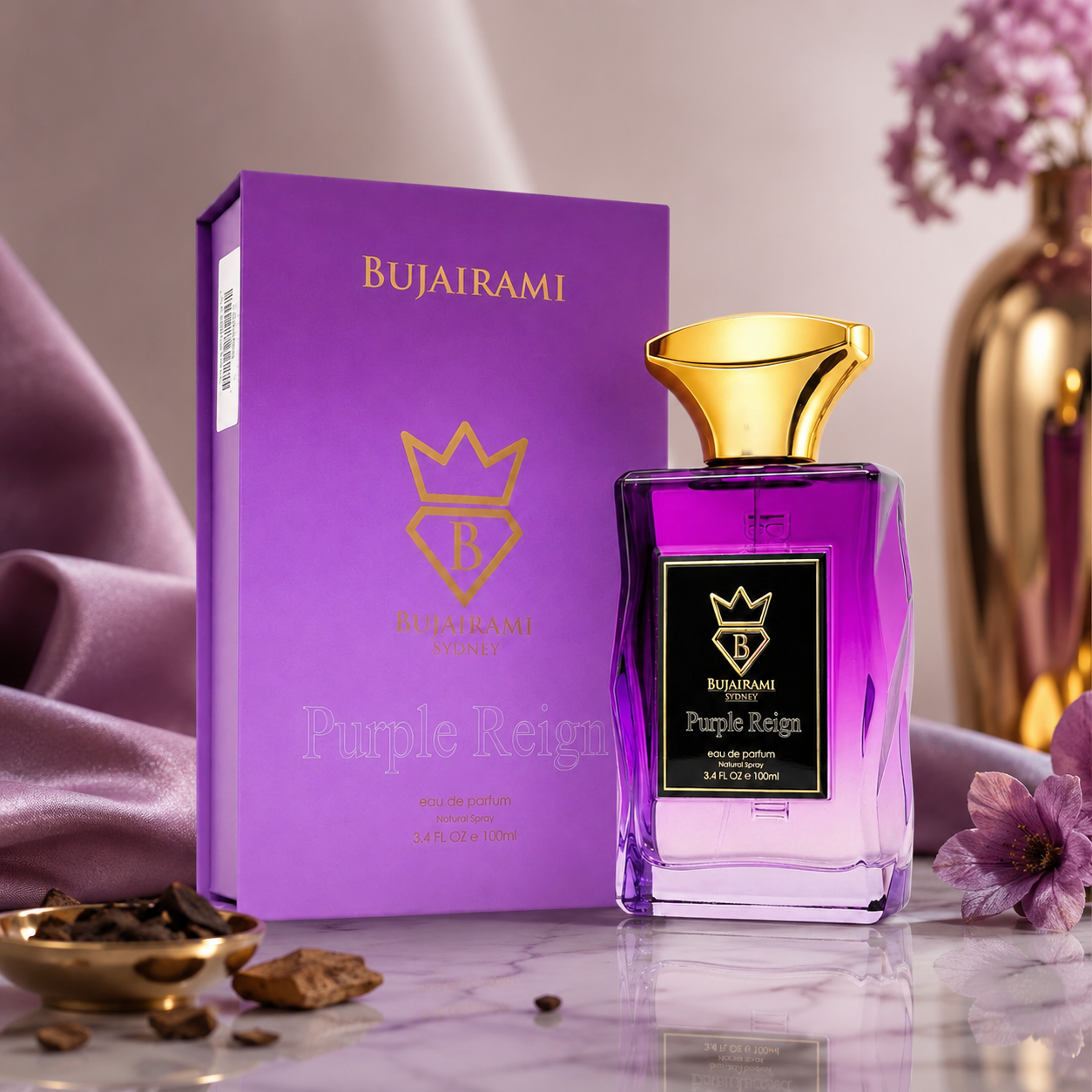Purple Reign by Bujairami displayed in a luxury fragrance setting