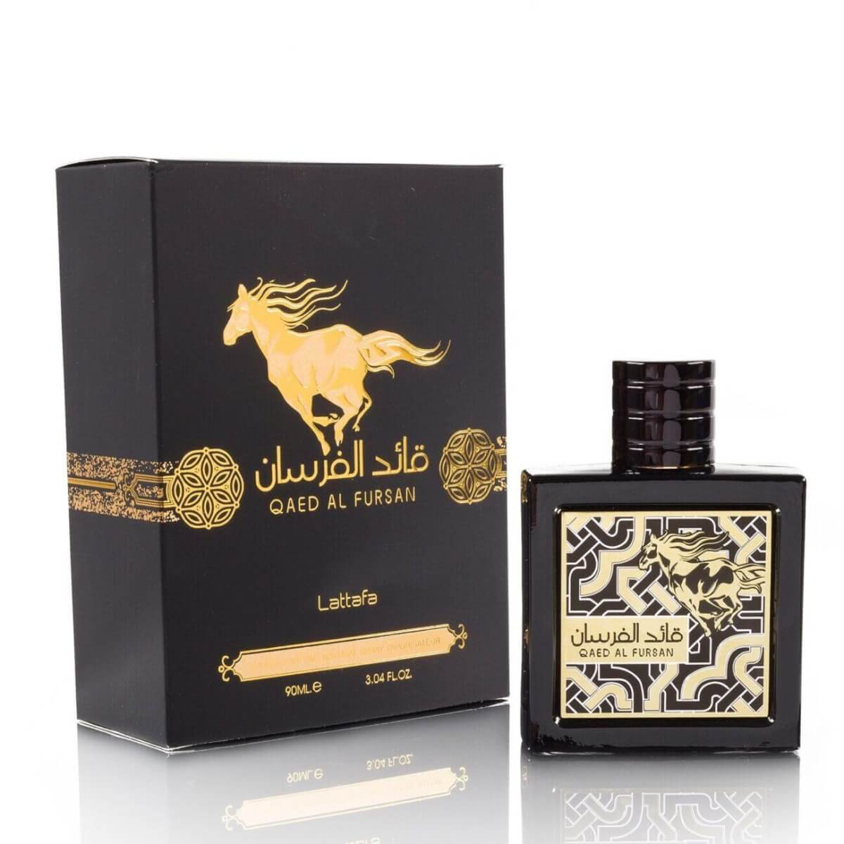 Qaed Al Fursan 90ml Eau de Parfum by Lattafa bottle and box