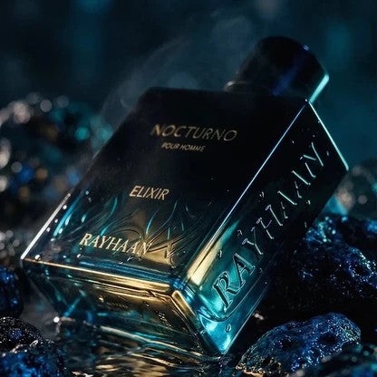 Rayhaan Nocturno Elixir Eau de Parfum for men, a fresh spicy woody fragrance with citrus, mint, ginger, nutmeg, sandalwood, and cedar notes.
