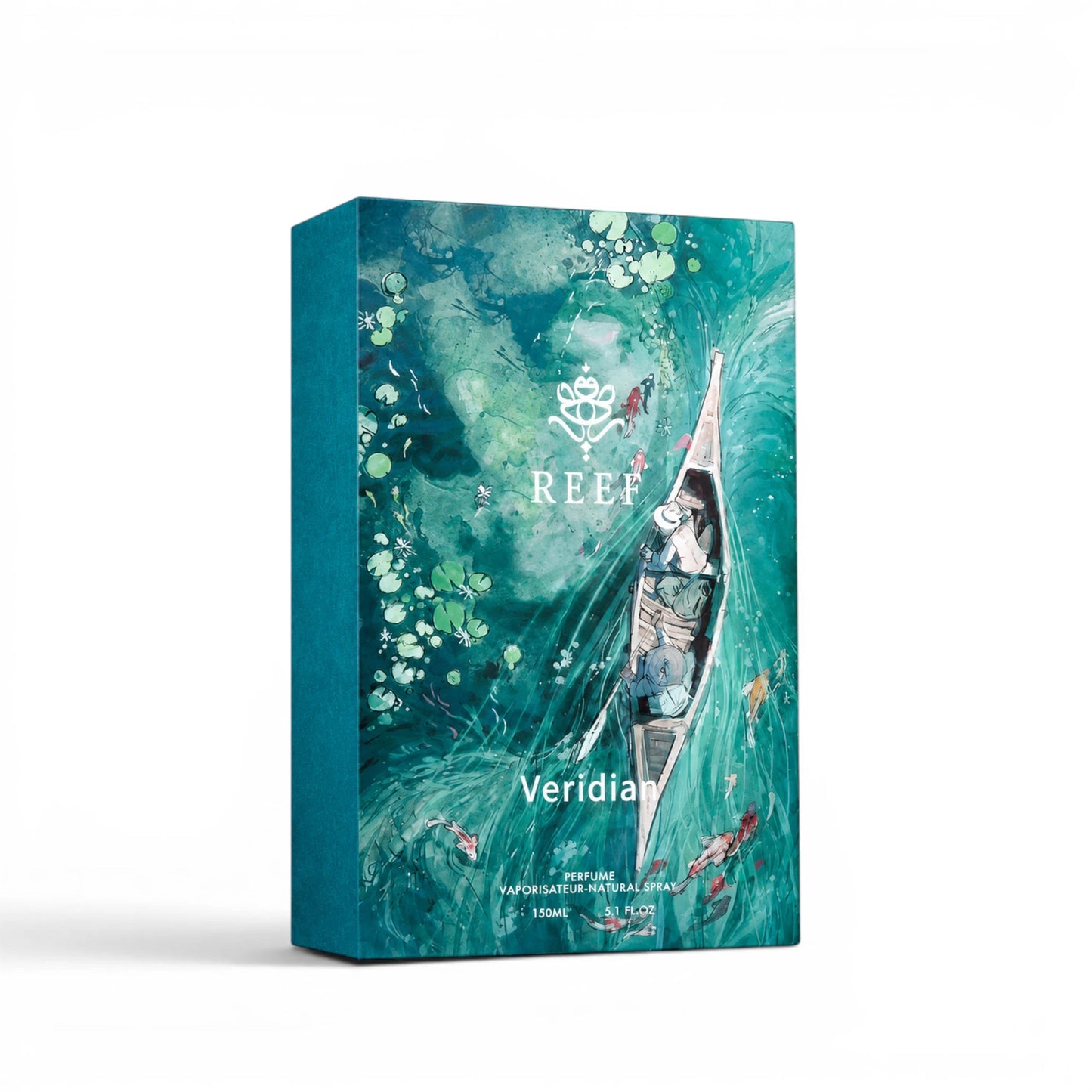 Close-up of REEF Veridian Eau de Parfum packaging