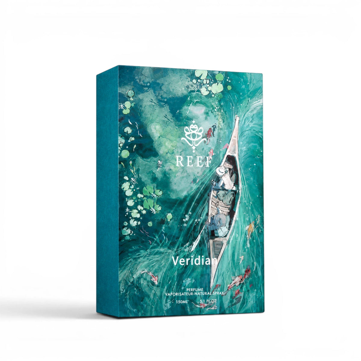 Close-up of REEF Veridian Eau de Parfum packaging
