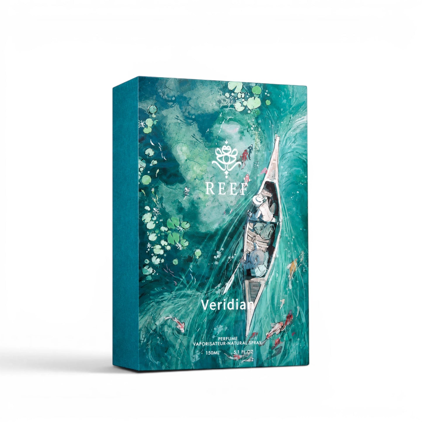Close-up of REEF Veridian Eau de Parfum packaging