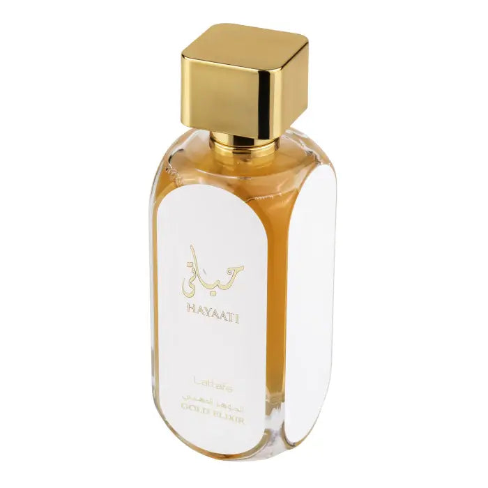 Hayaati Gold Elixir 100ml Eau de Parfum by Lattafa perfume bottle close up