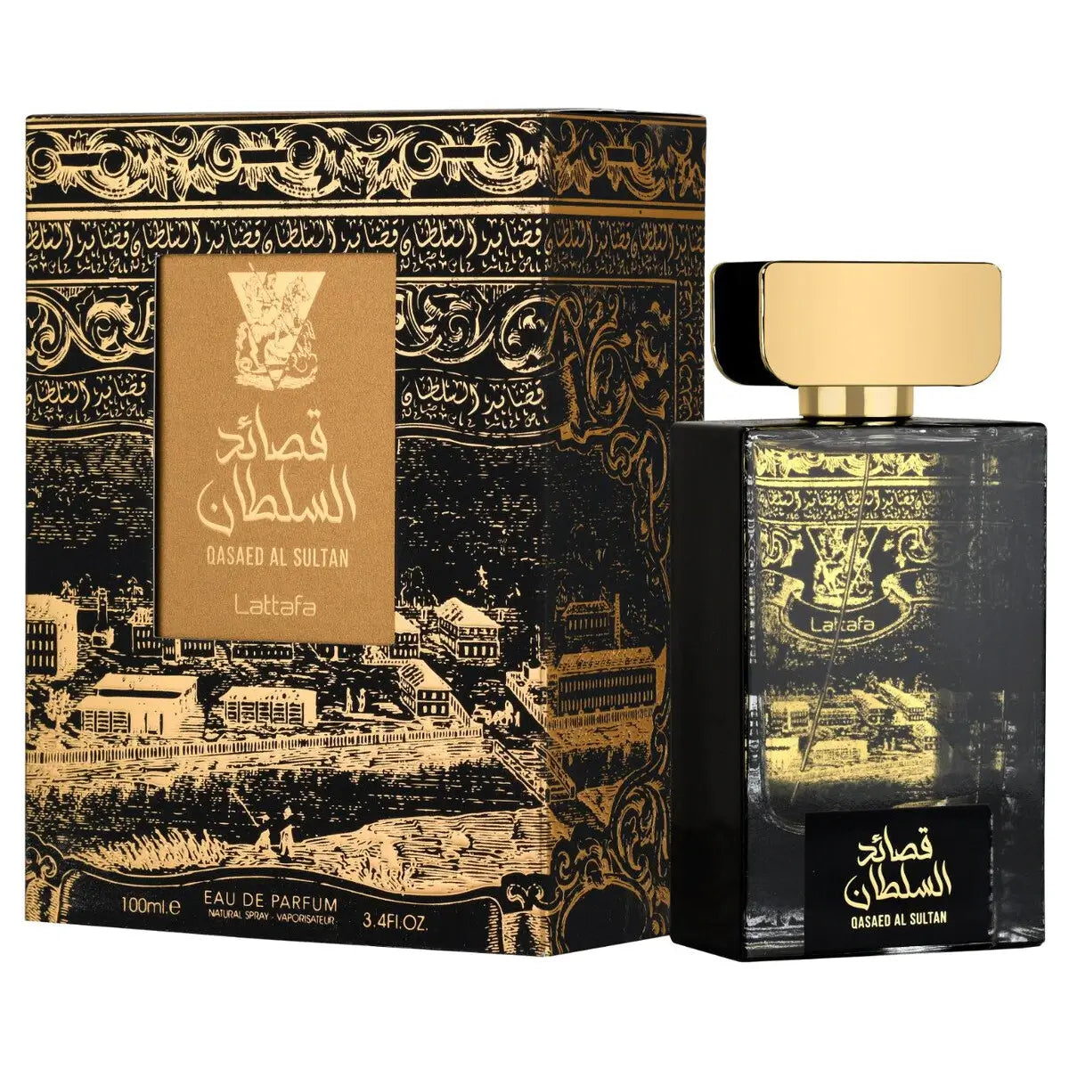 Qasaed Al Sultan 100ml Eau de Parfum by Lattafa bottle and box