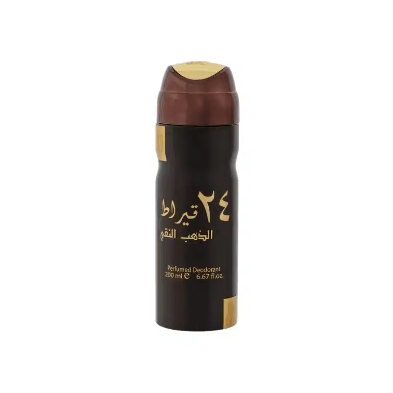 24 Carat Pure Gold Perfumed 200ml Body Spray by Lattafa body spray can and packaging