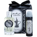 Dirham Silver with 100ml Body Spray by Ard Al Zaafaran body spray can and packaging