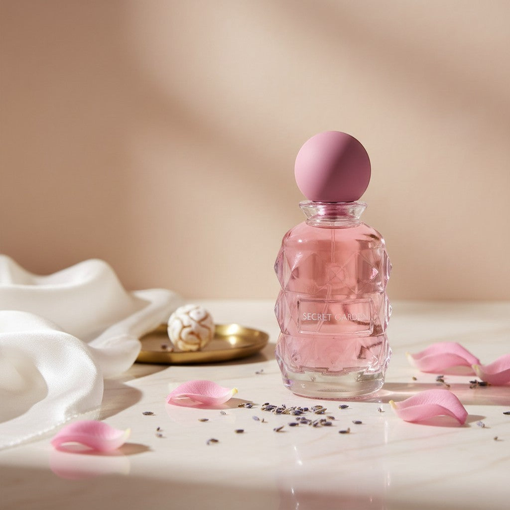 Angled view of Secret Garden 100ml Eau de Parfum by Laverne