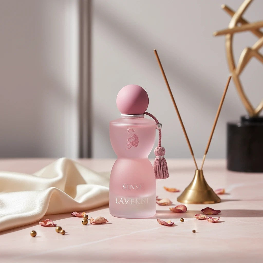 Side view of Sense 75ml Eau de Parfum by Laverne bottle