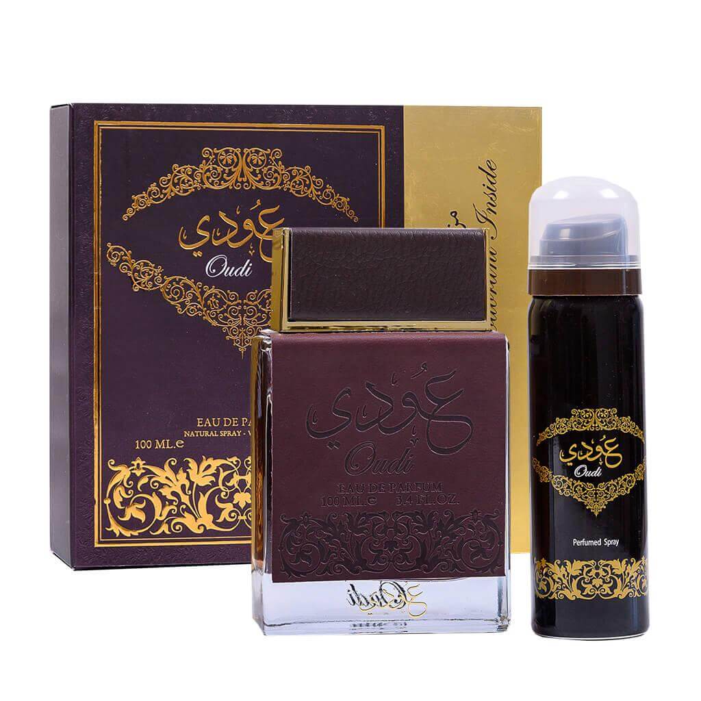 Oudi with 100ml Body Spray by Ard Al Zaafaran deodorant spray front view