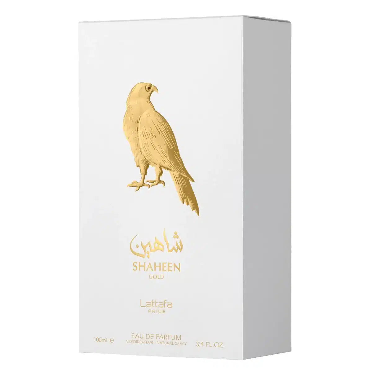 Shaheen Gold 100ml Eau de Parfum by Lattafa Pride perfume bottle close up