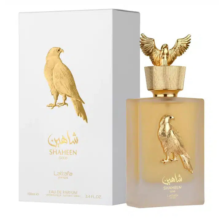 Shaheen Gold 100ml Eau de Parfum by Lattafa Pride bottle and box
