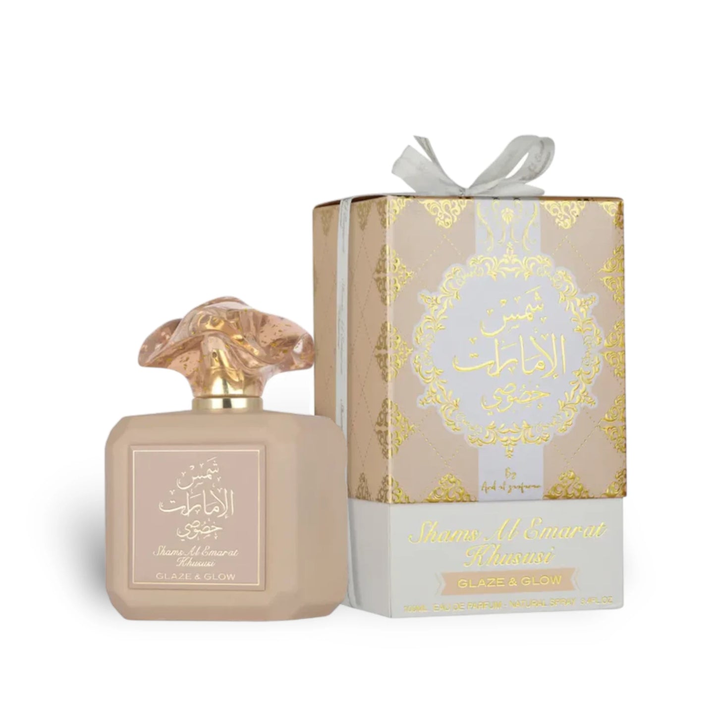 Shams Al Emarat Khususi Glaze & Glow perfume bottle with outer box packaging