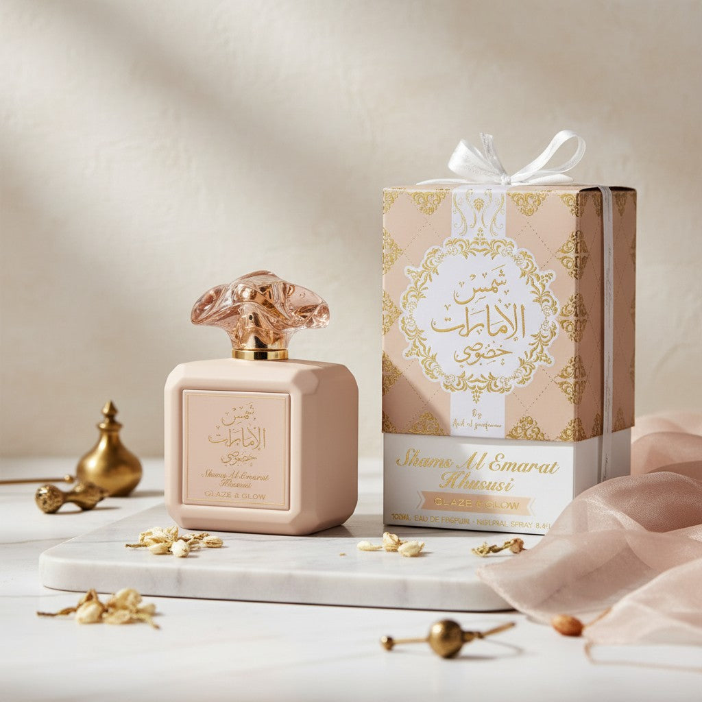 Lifestyle presentation of Shams Al Emarat Khususi Glaze & Glow gourmand fragrance by Ard Al Zaafaran