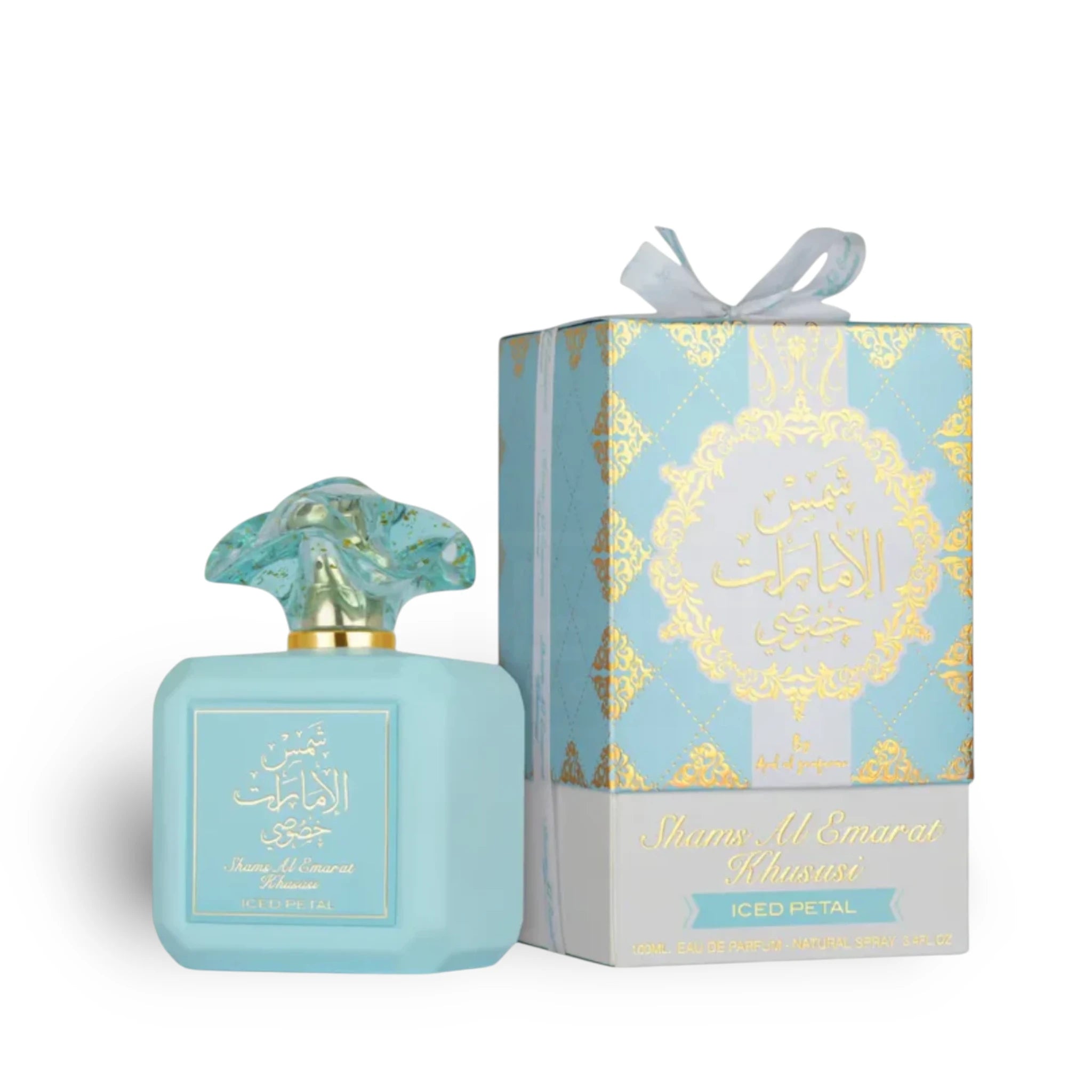 Shams Al Emarat Khususi Iced Petal perfume bottle with outer packaging