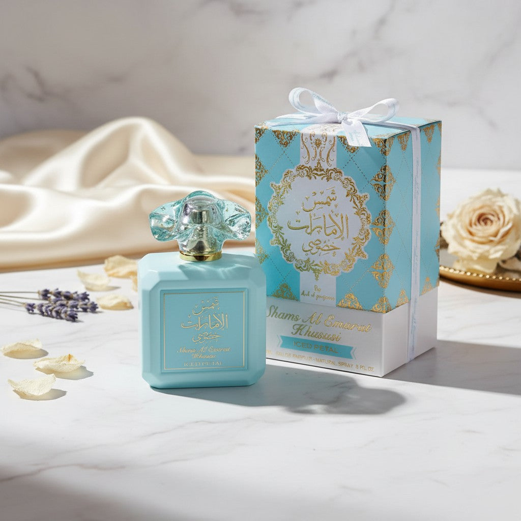 Lifestyle presentation of Shams Al Emarat Khususi Iced Petal Eau de Parfum
