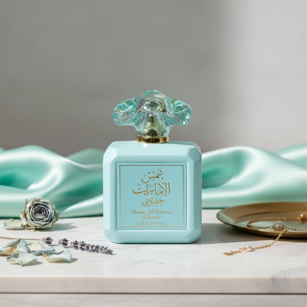 Side view of Shams Al Emarat Khususi Iced Petal perfume bottle by Ard Al Zaafaran