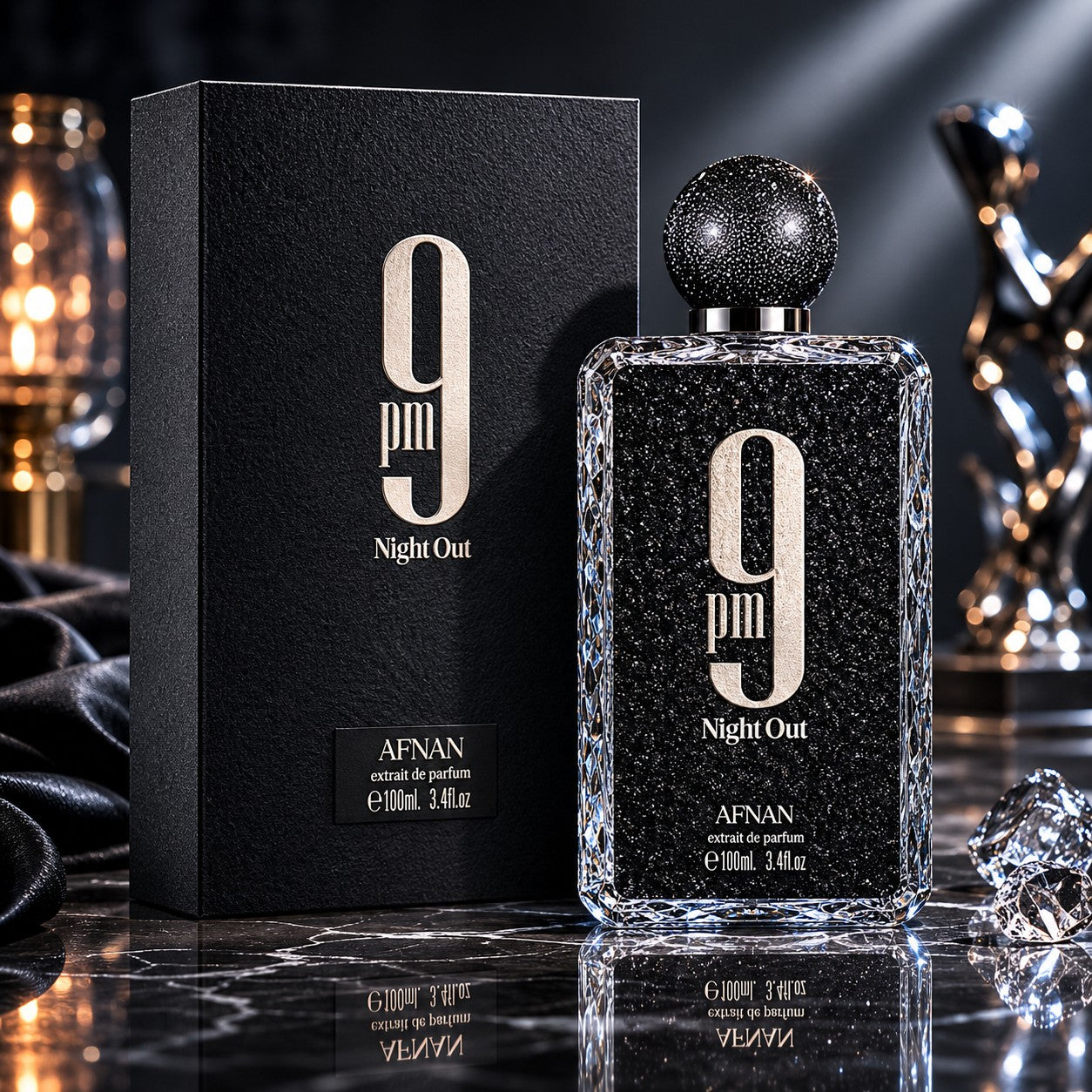 Soghaat 9PM Night Out 100ml Extrait de Parfum for unisex, featuring a black textured bottle with a crystal-like finish and a sparkling cap.