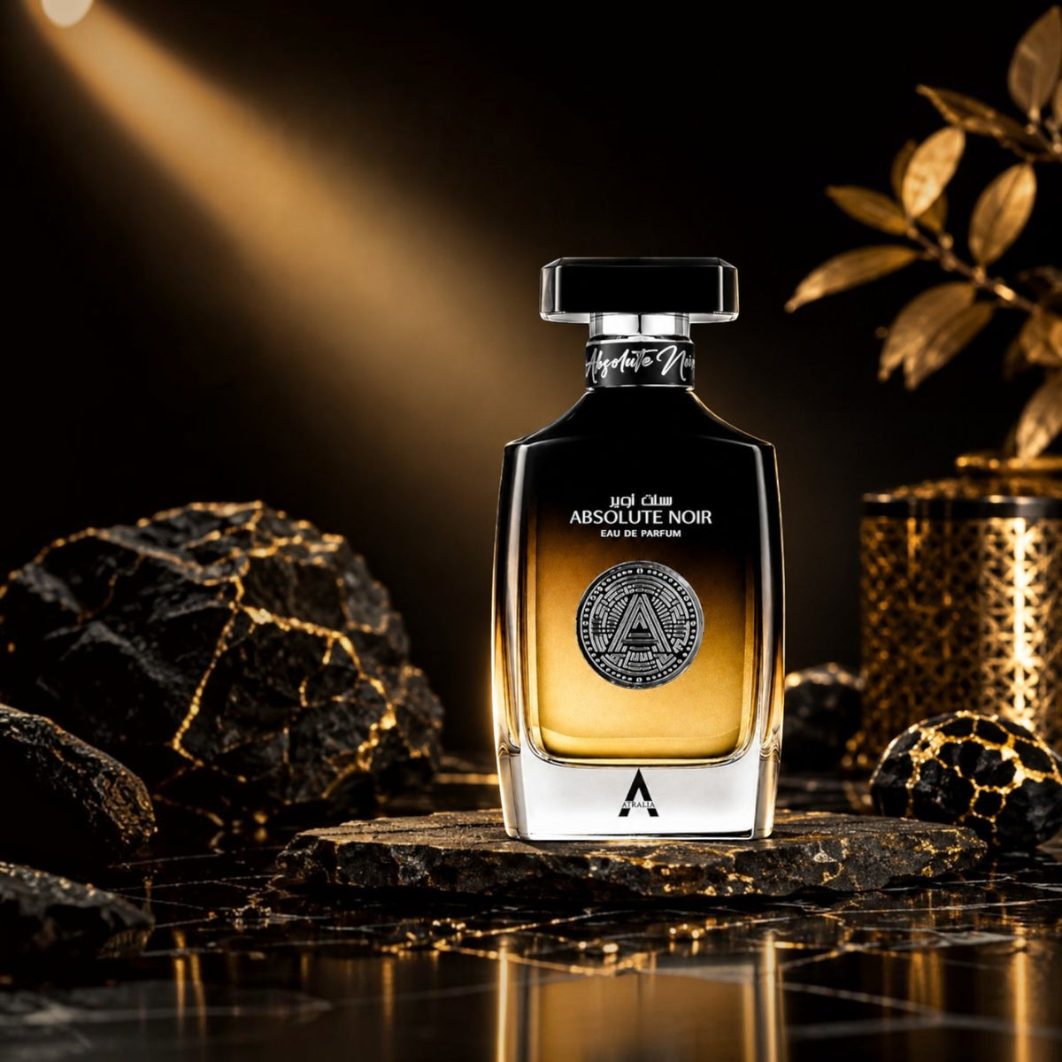 Soghaat Absolute Noir Eau de Parfum bottle on a stone pedestal with gold accents and dramatic spotlighting.