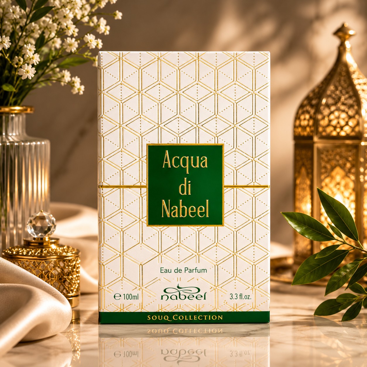 Soghaat Acqua di Nabeel 100ml Eau de Parfum box with geometric gold pattern on white, displayed with gold decor.