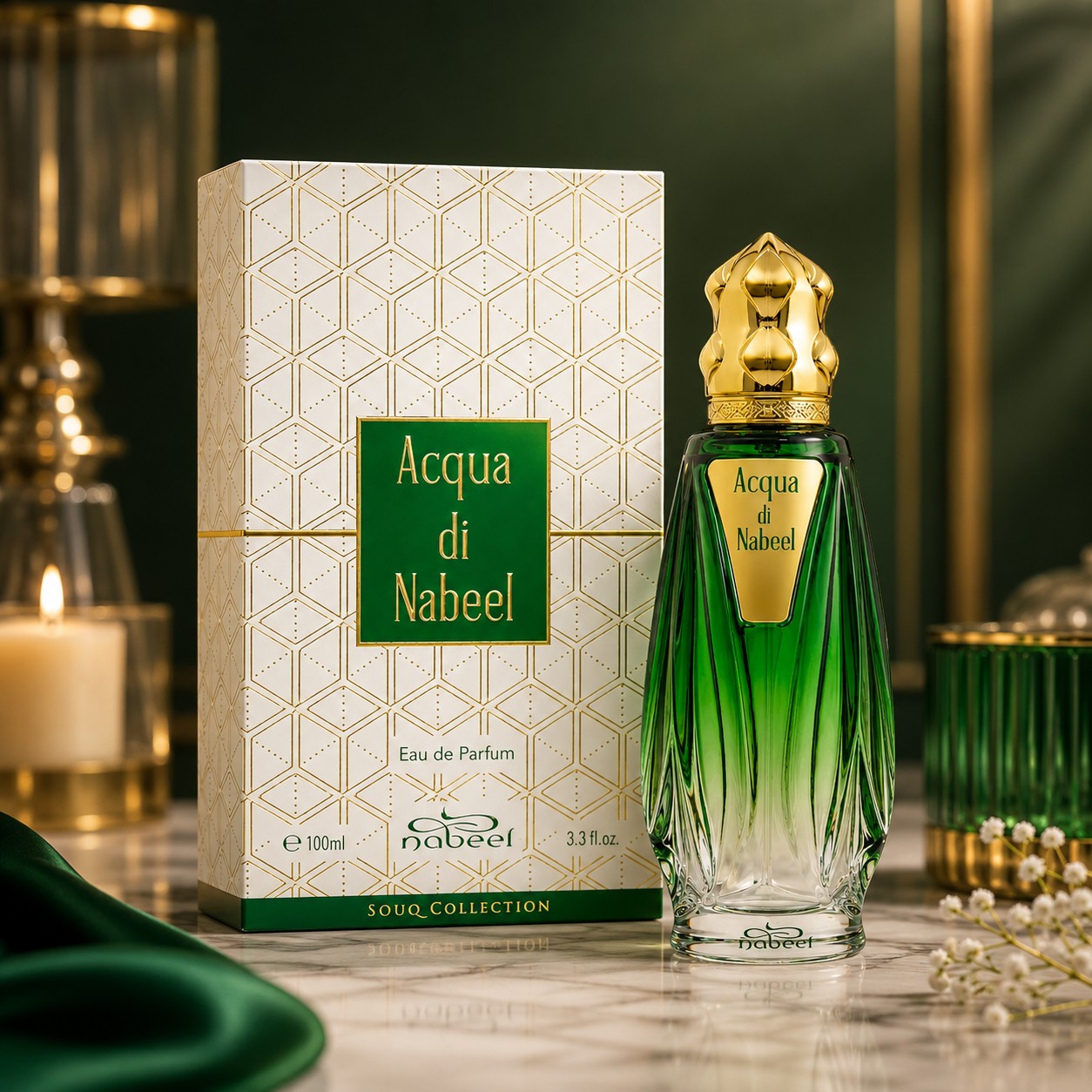 Soghaat Acqua di Nabeel 100ml Eau de Parfum bottle and box with green glass, gold cap, and geometric pattern.