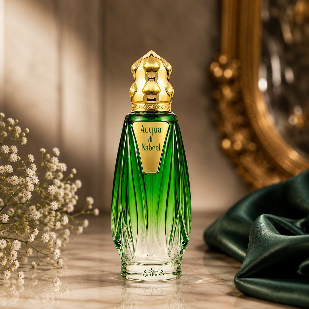 Soghaat Acqua di Nabeel Eau de Parfum in a green fluted glass bottle with a gold cap, set on a marble surface.