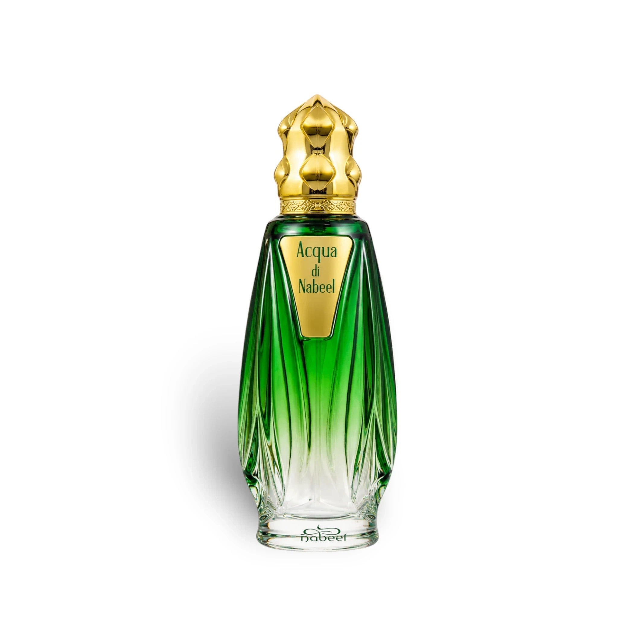 Soghaat Acqua di Nabeel Eau de Parfum in a sleek green glass bottle with a gold cap, a sweet amber gourmand fragrance.