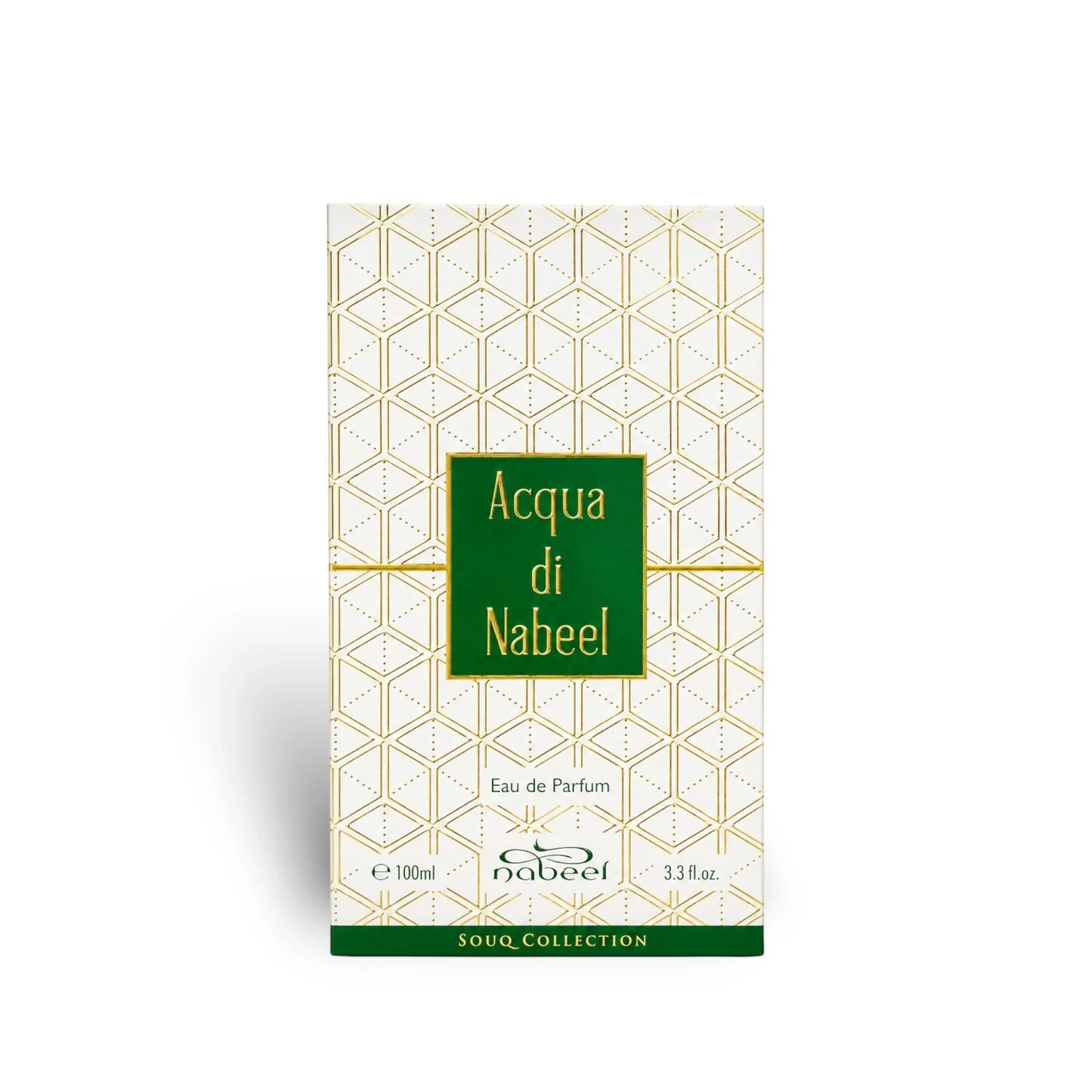 Soghaat Acqua di Nabeel 100ml Eau de Parfum box with white and gold geometric pattern and green central label.