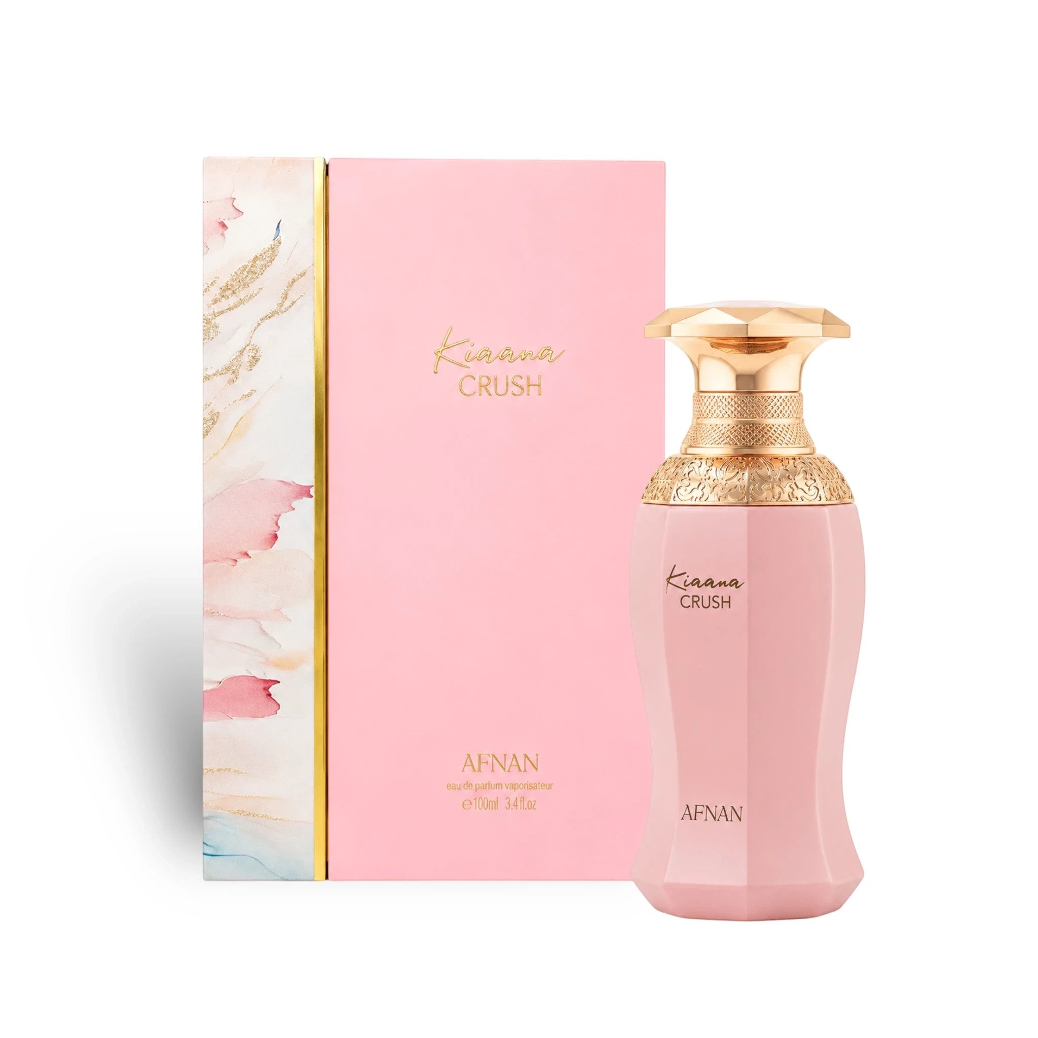 Soghaat Afnan Kiaana Crush Eau de Parfum in a pink bottle and matching box with gold accents for women.