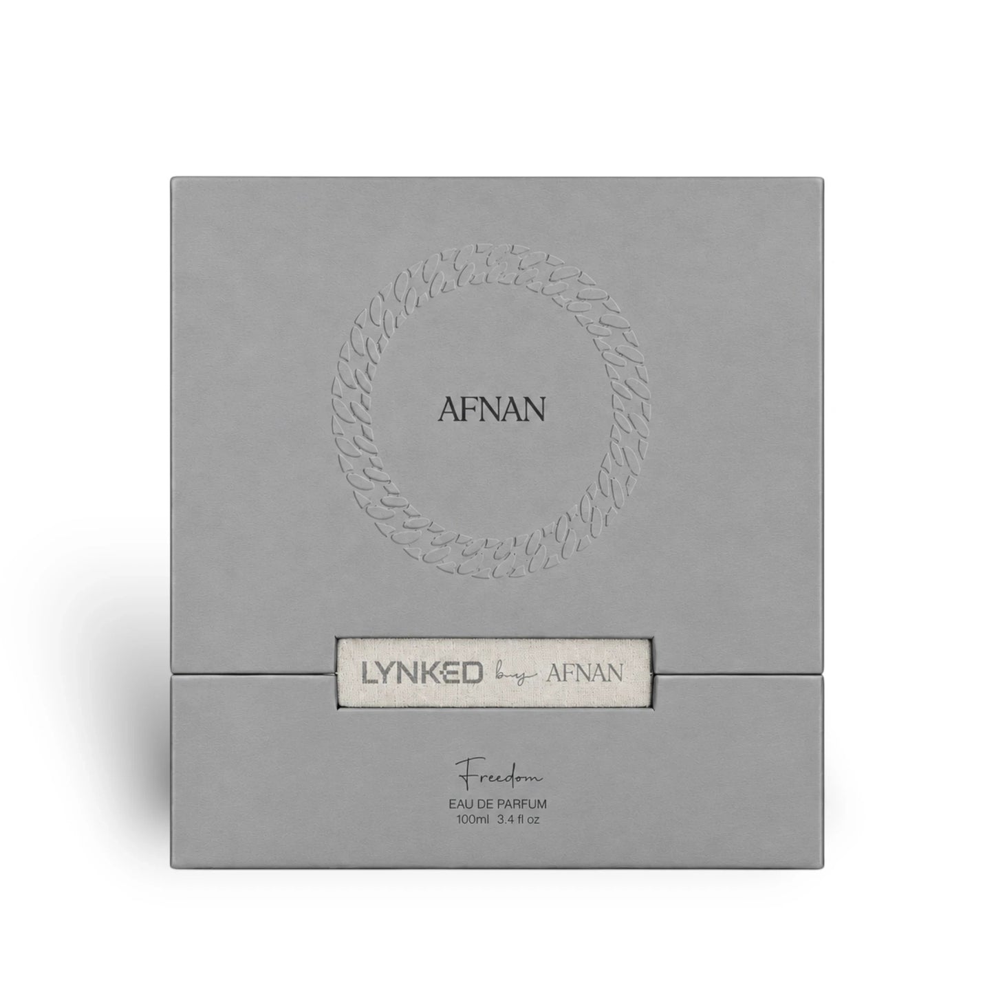 Soghaat Lynked Freedom Eau de Parfum by Afnan, 100ml. Grey textured box with embossed circular design and text.
