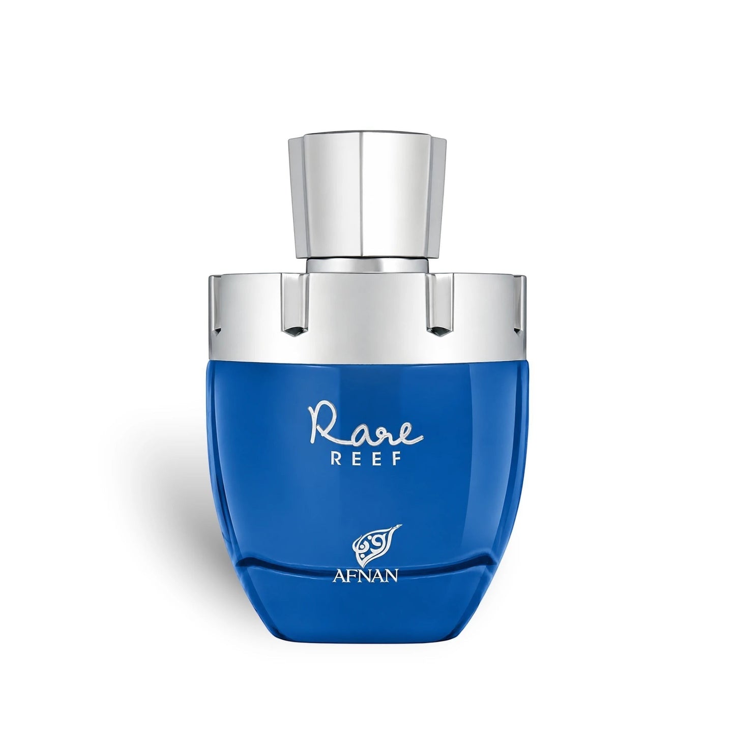 Soghaat Afnan Rare Reef 100ml Extrait de Parfum in a vibrant blue glass bottle with a silver cap.
