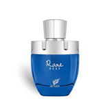 Soghaat Afnan Rare Reef 100ml Extrait de Parfum in a vibrant blue glass bottle with a silver cap.