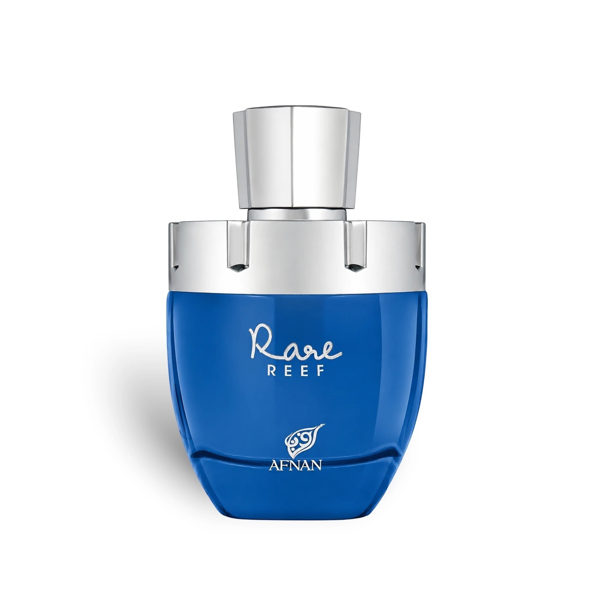 Soghaat Afnan Rare Reef 100ml Extrait de Parfum in a vibrant blue glass bottle with a silver cap.
