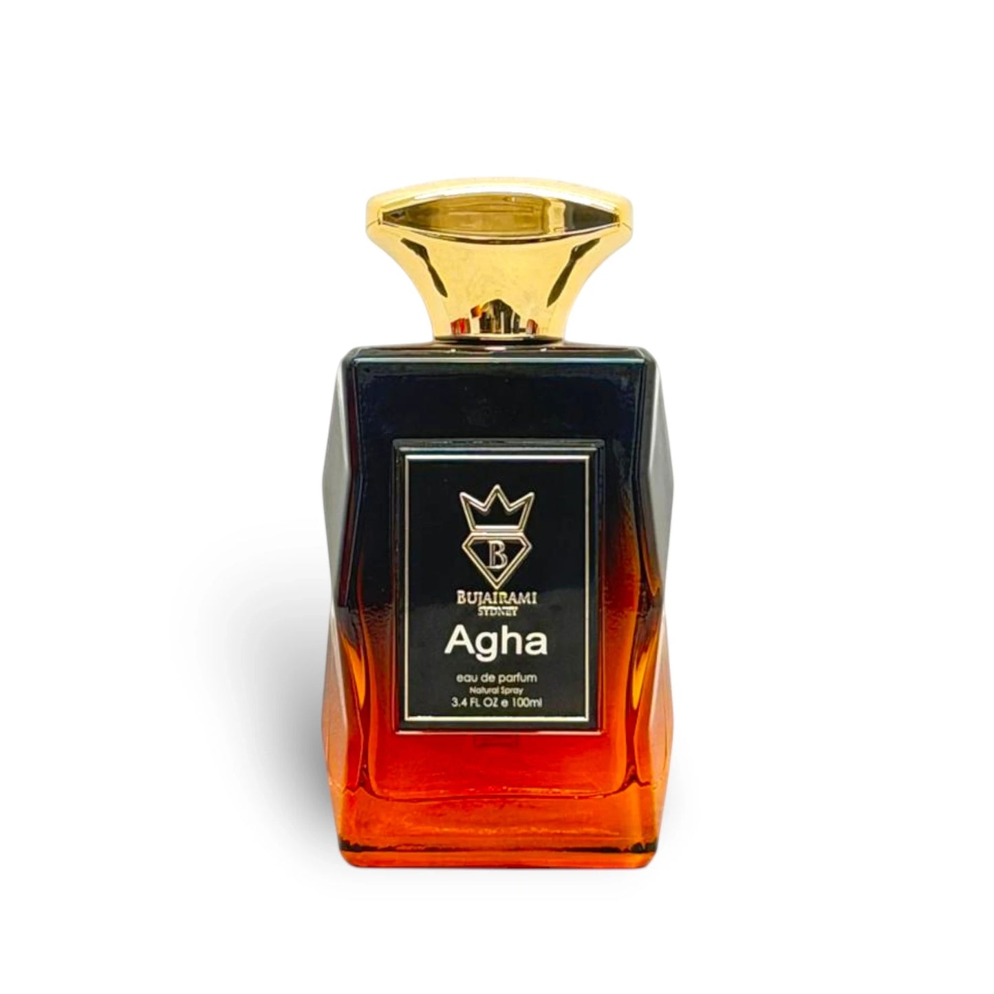 Soghaat Agha 100ml Eau de Parfum for men, a fresh woody aromatic fragrance with a gradient amber glass bottle and gold cap.