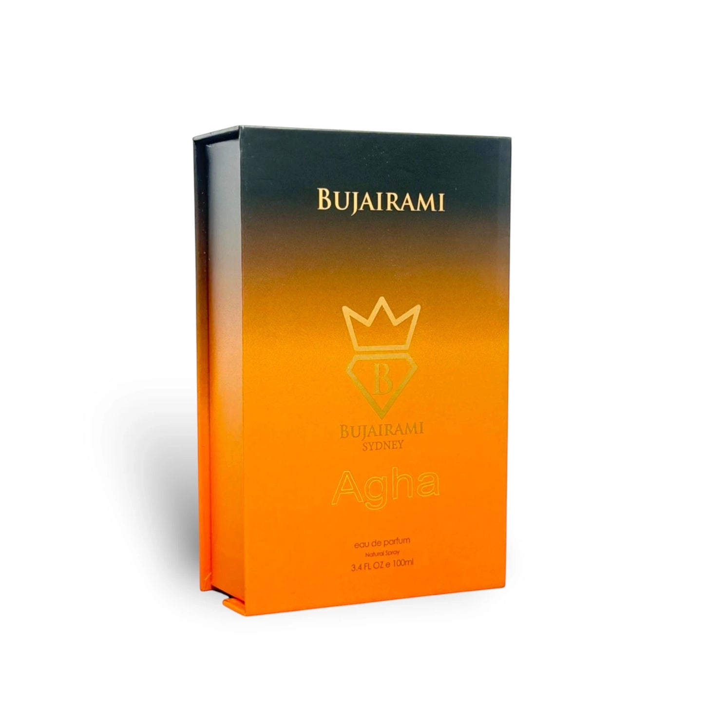 Soghaat Agha Eau de Parfum 100ml bottle with a gradient orange and dark grey box, featuring gold text and a crown logo.