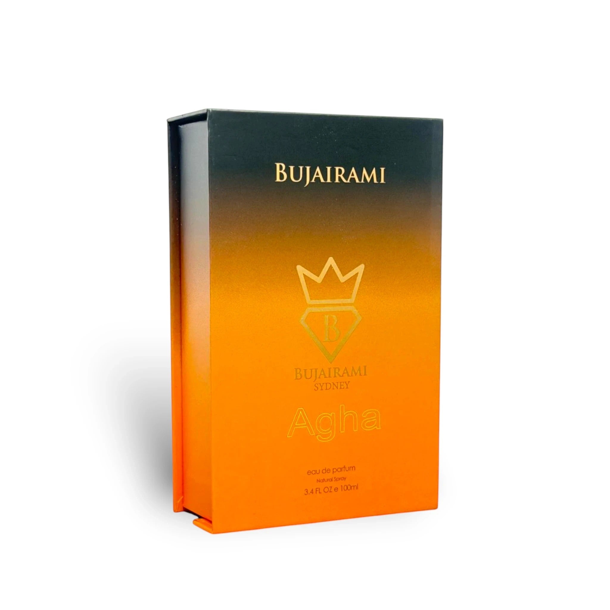 Soghaat Agha Eau de Parfum 100ml bottle with a gradient orange and dark grey box, featuring gold text and a crown logo.