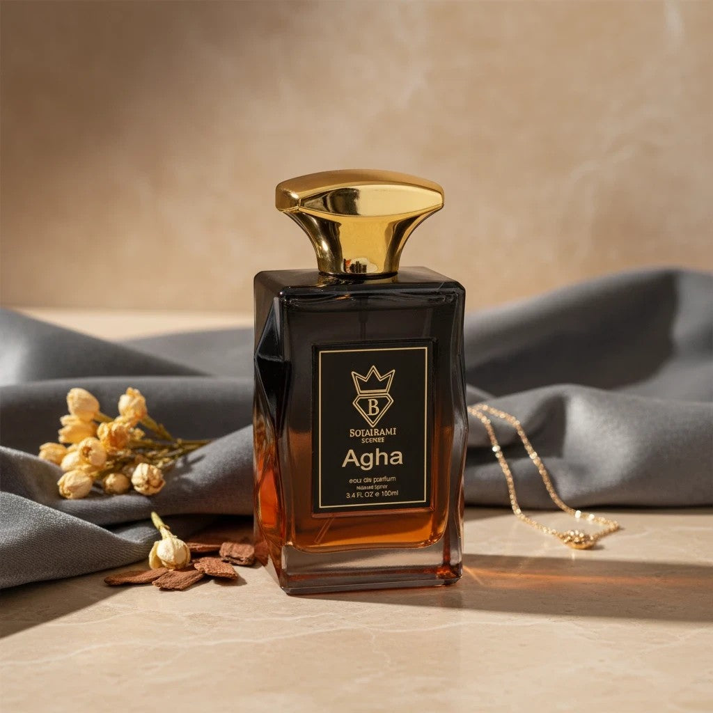 Soghaat Agha Eau de Parfum for men, 100ml bottle with gold cap. Fresh woody aromatic fragrance.