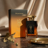 Soghaat Agha Eau de Parfum for men, 100ml bottle with a gradient orange and black box. Fresh woody aromatic fragrance.