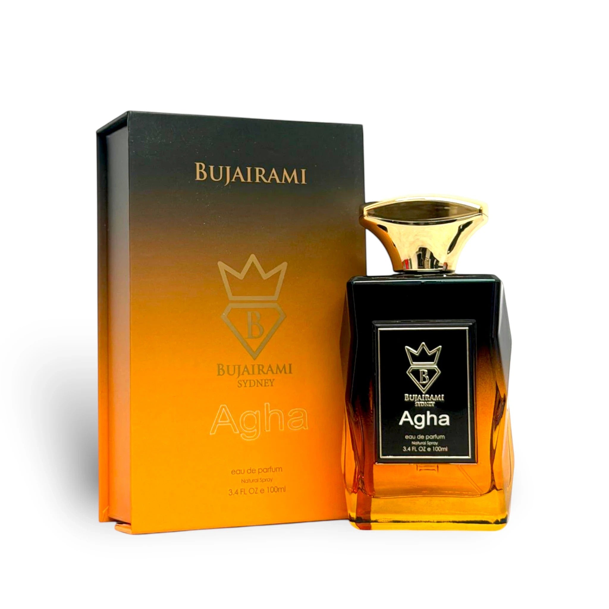 Soghaat Agha Eau de Parfum for men, 100ml bottle with a gradient orange and black box. Fresh woody aromatic scent.