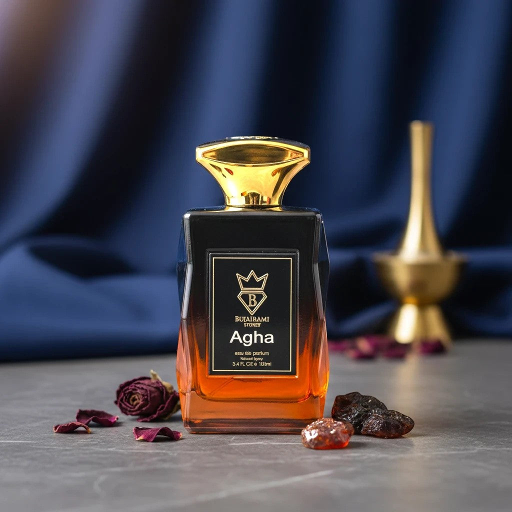 Soghaat Agha Eau de Parfum for men, a fresh woody aromatic fragrance with cardamom, orange blossom, vanilla, elemi, and musk notes.